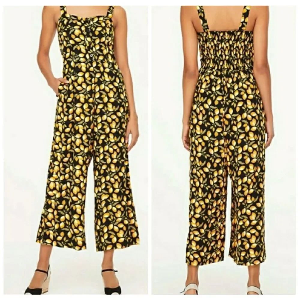 LOFT Black Yellow Lemon Print Jumpsuit Spaghetti Strap Button Up Wide Crop Leg S